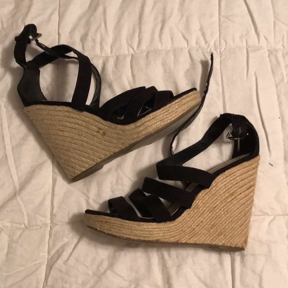 Black strappy wedge sandals